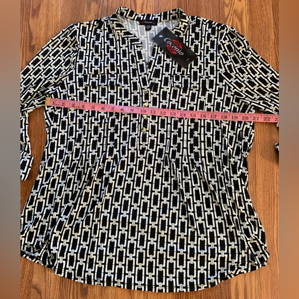 COCOMO XL Black White 3/4 sleeve women’s Pintuck Blouse tunic top shirt - Picture 12 of 15